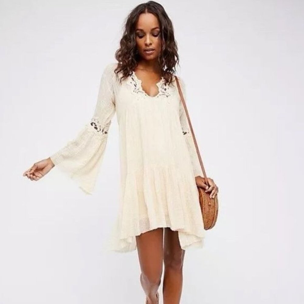 Free People x Free People One Gauzy Boho Cream Crochet Trim Mini Tent Dress - Picture 1 of 11